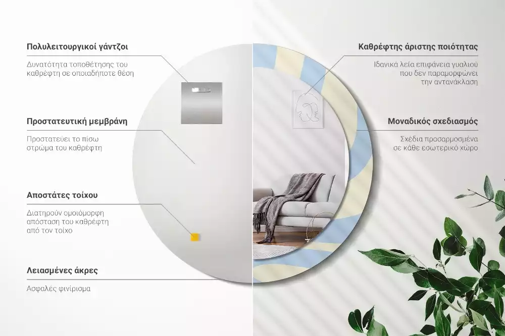 Lustro z ramą i nadrukiem o abstrakcyjnym, okrągłym kształcie