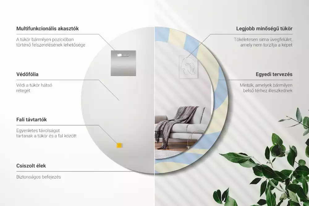 Lustro z ramą i nadrukiem o abstrakcyjnym, okrągłym kształcie