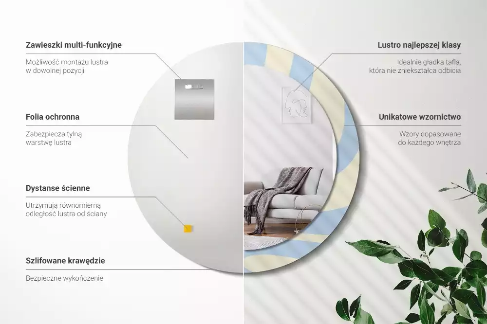 Lustro z ramą i nadrukiem o abstrakcyjnym, okrągłym kształcie