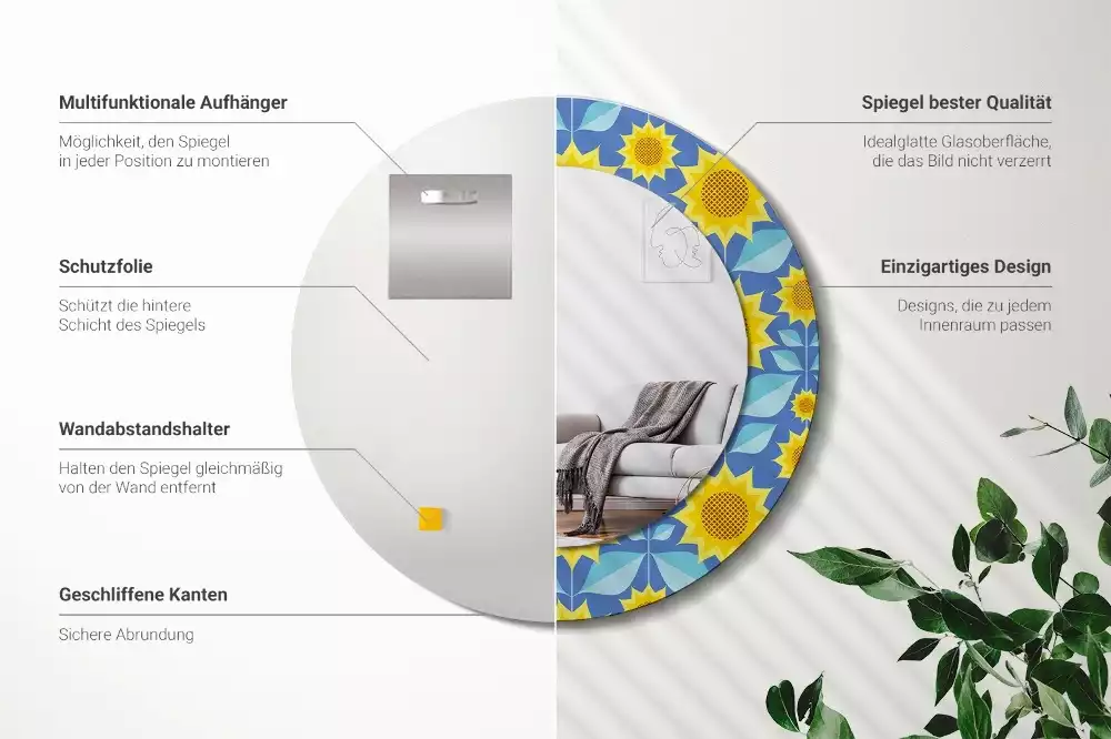 Lustro z drukowaną ramką w motywie geometrycznych słoneczników