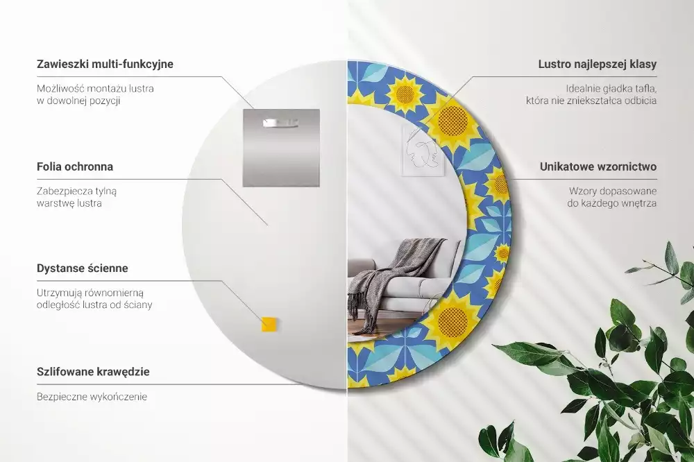 Lustro z drukowaną ramką w motywie geometrycznych słoneczników