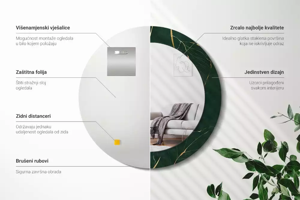 Lustro ścienne dekoracyjne w kształcie okręgu z dekoracyjnym konturem liści