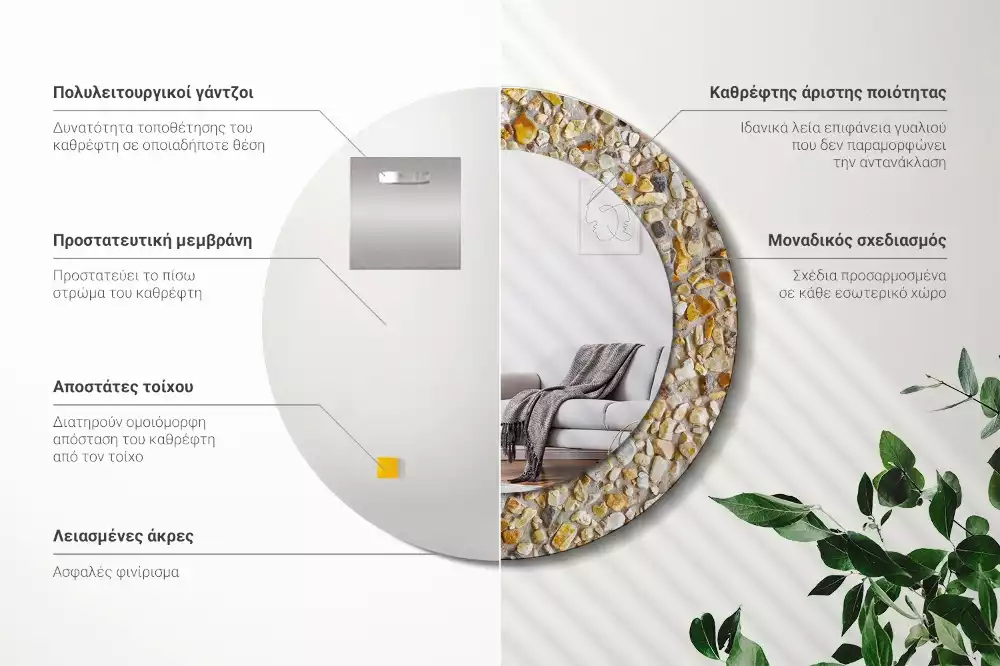 Lustro w ramie z nadrukiem o okrągłym kształcie z motywem lastrykowym