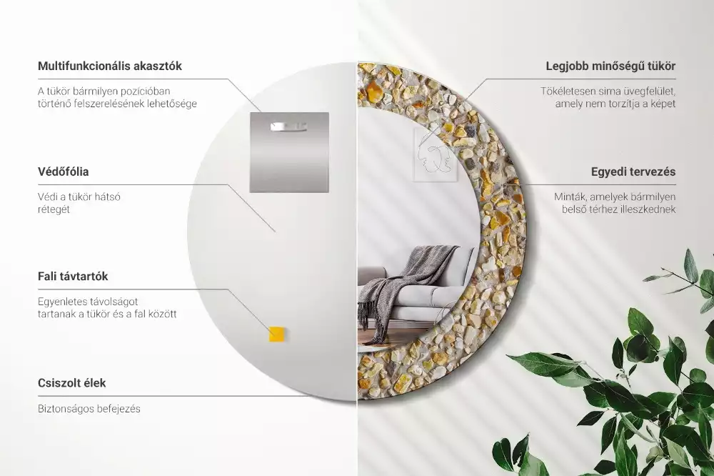 Lustro w ramie z nadrukiem o okrągłym kształcie z motywem lastrykowym