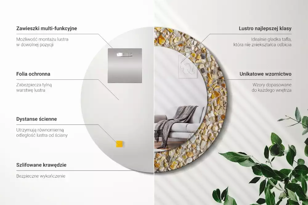 Lustro w ramie z nadrukiem o okrągłym kształcie z motywem lastrykowym