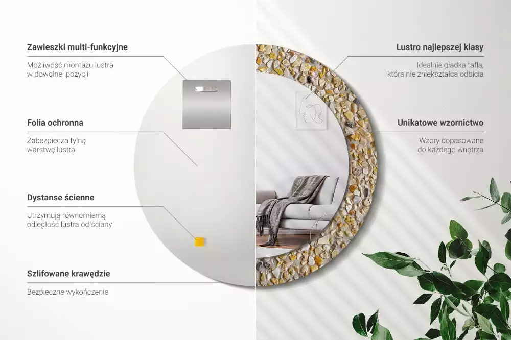 Lustro w ramie z nadrukiem o okrągłym kształcie z motywem lastrykowym