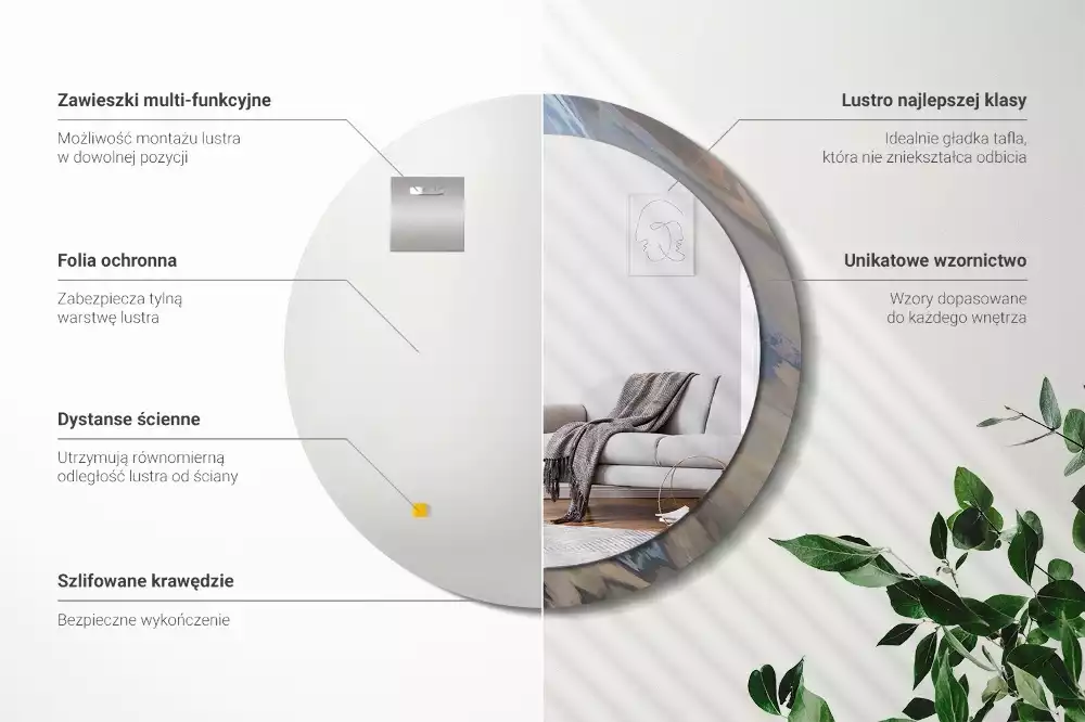 Lustro ścienne dekoracyjne o okrągłym kształcie z motywem abstrakcyjnych fal