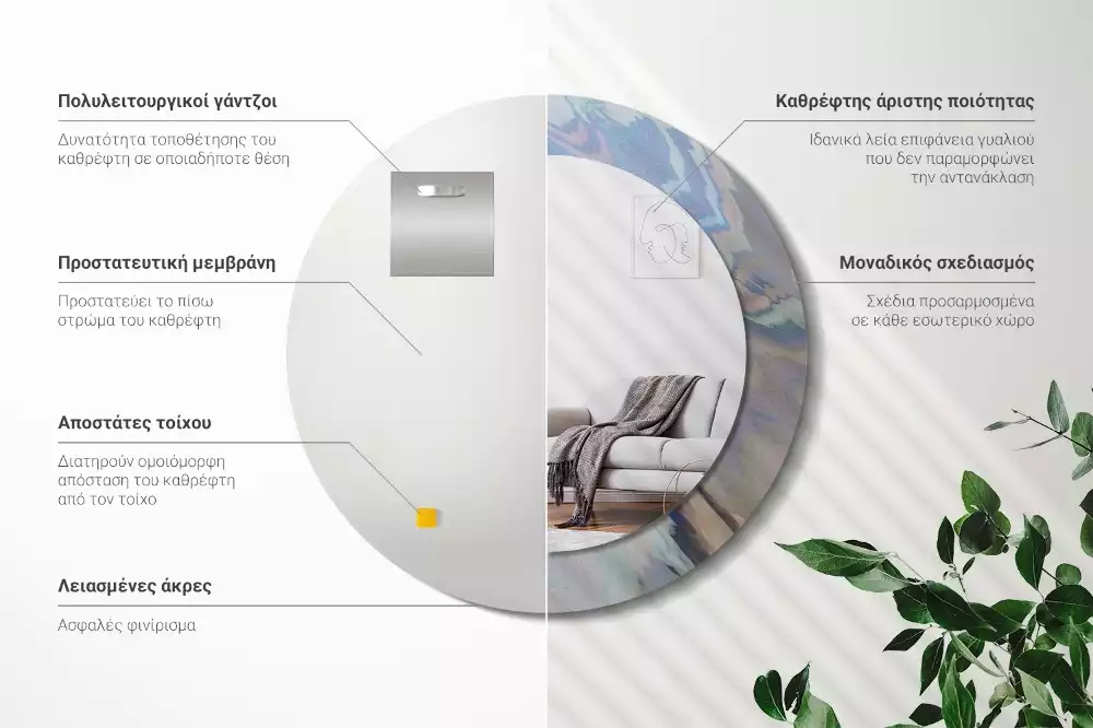 Lustro ścienne dekoracyjne o okrągłym kształcie z motywem abstrakcyjnych fal