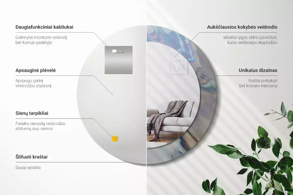 Lustro ścienne dekoracyjne o okrągłym kształcie z motywem abstrakcyjnych fal