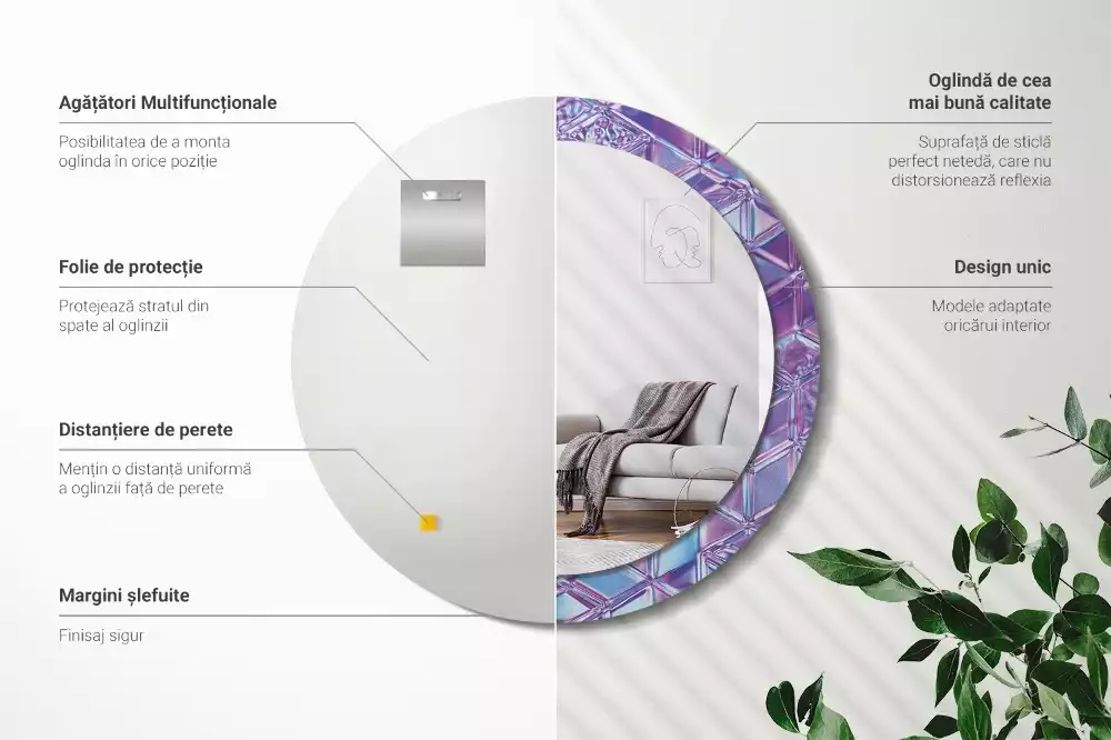 Lustro z drukowaną ramką w okrągłym kształcie z motywem kryształowego wzoru