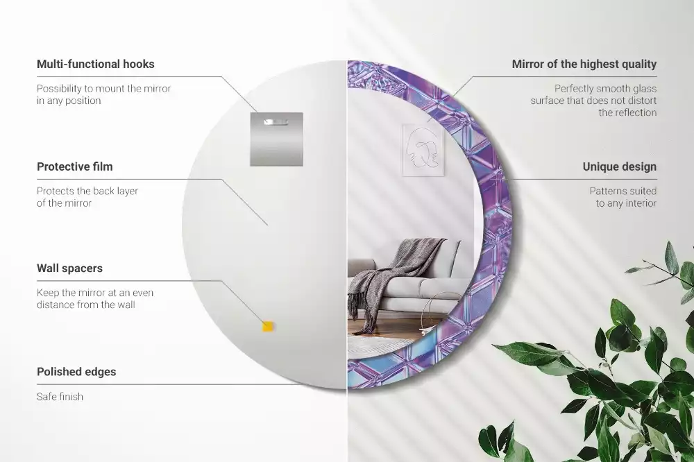 Lustro z drukowaną ramką w okrągłym kształcie z motywem kryształowego wzoru