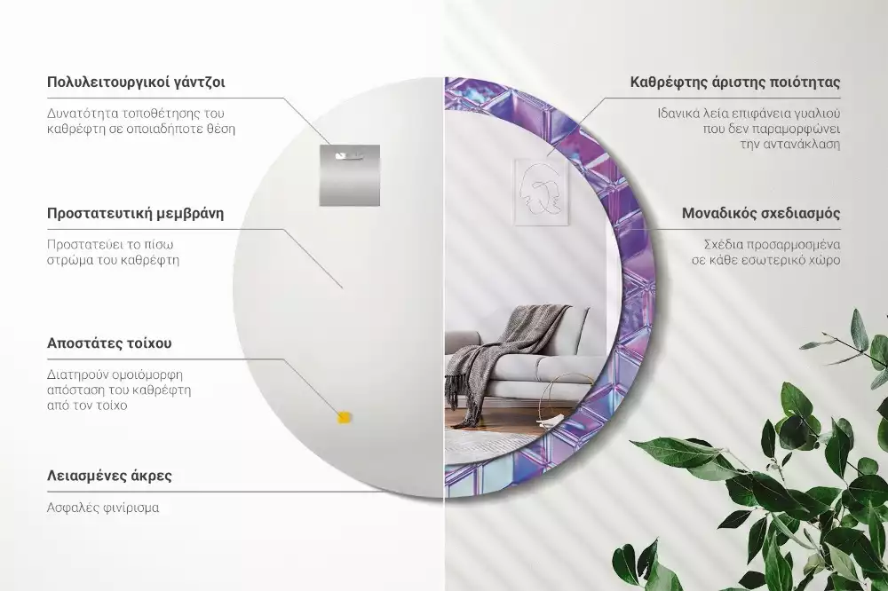 Lustro z drukowaną ramką w okrągłym kształcie z motywem kryształowego wzoru