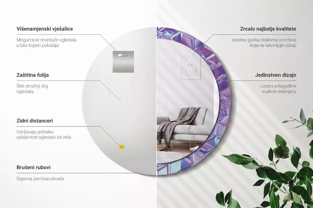 Lustro z drukowaną ramką w okrągłym kształcie z motywem kryształowego wzoru