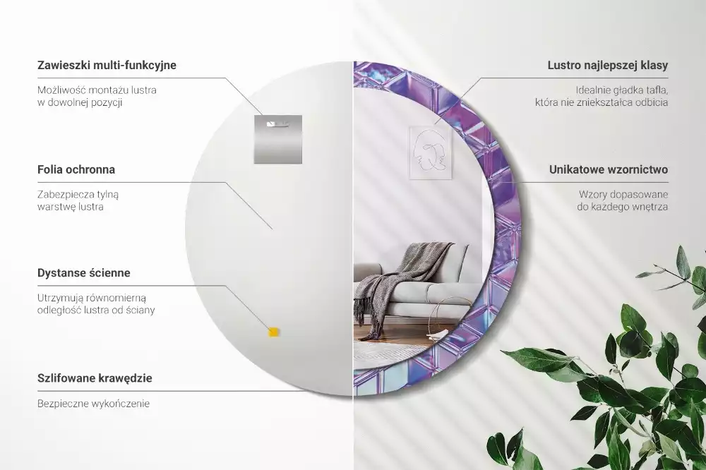 Lustro z drukowaną ramką w okrągłym kształcie z motywem kryształowego wzoru