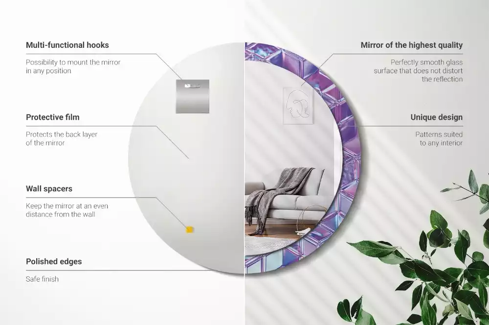 Lustro z drukowaną ramką w okrągłym kształcie z motywem kryształowego wzoru