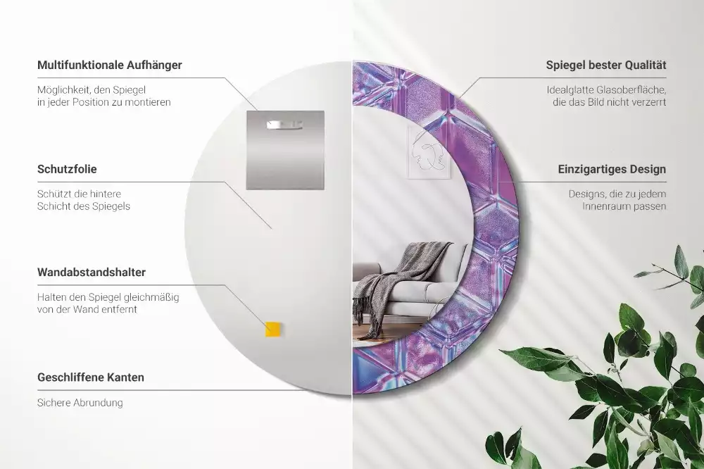 Lustro z drukowaną ramką w okrągłym kształcie z motywem kryształowego wzoru