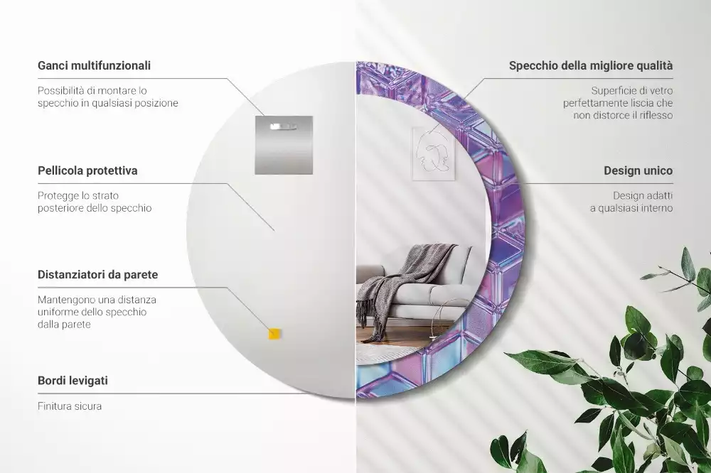 Lustro z drukowaną ramką w okrągłym kształcie z motywem kryształowego wzoru