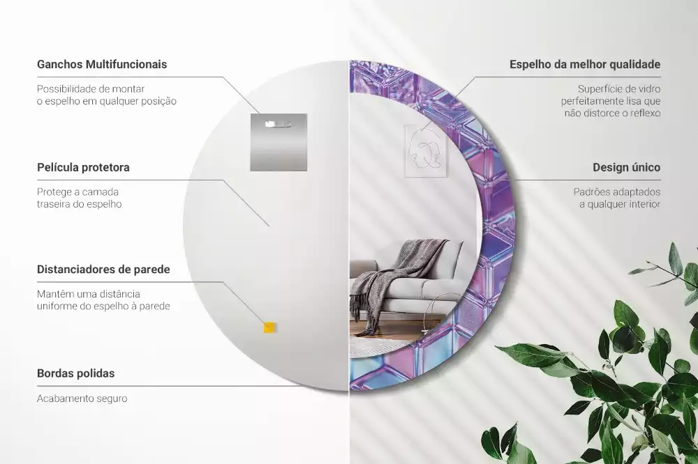 Lustro z drukowaną ramką w okrągłym kształcie z motywem kryształowego wzoru