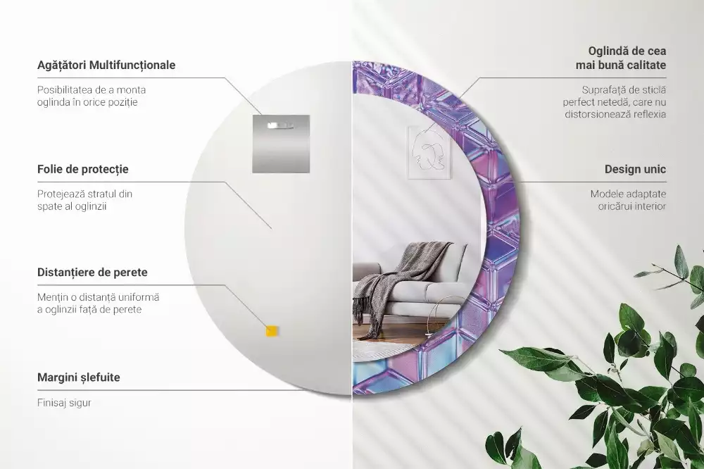 Lustro z drukowaną ramką w okrągłym kształcie z motywem kryształowego wzoru