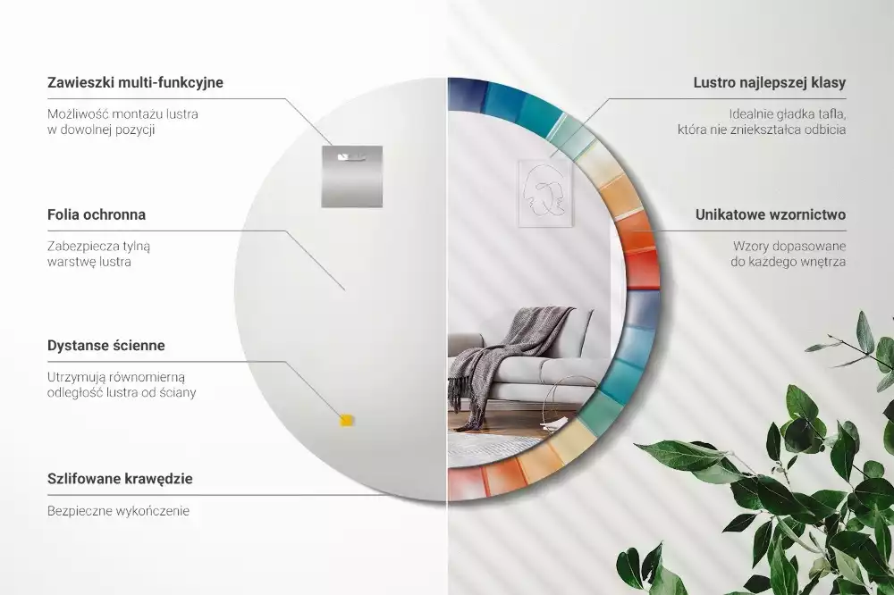 Lustro ścienne dekoracyjne o okrągłym kształcie z kolorowym wzorem promieni przypominającym kafelki