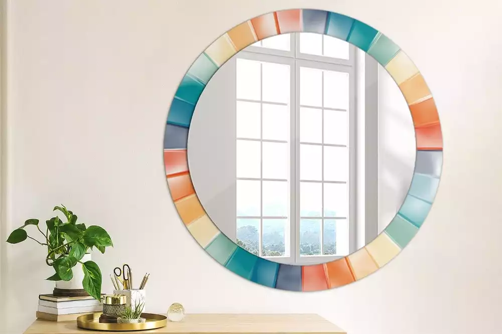 Lustro ścienne dekoracyjne o okrągłym kształcie z kolorowym wzorem promieni przypominającym kafelki