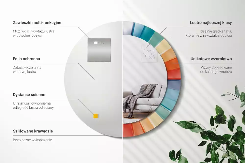 Lustro ścienne dekoracyjne o okrągłym kształcie z kolorowym wzorem promieni przypominającym kafelki