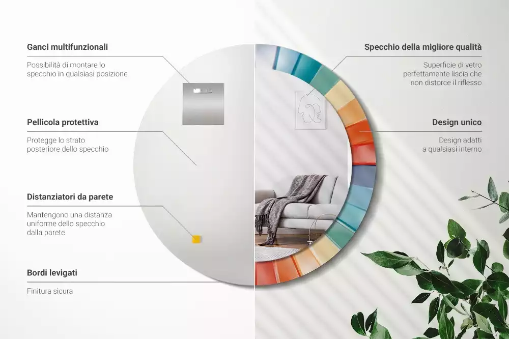 Lustro ścienne dekoracyjne o okrągłym kształcie z kolorowym wzorem promieni przypominającym kafelki