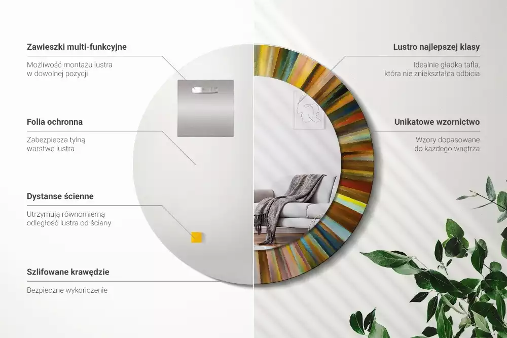 Lustro z drukowaną ramką z motywem kolorowych promieni