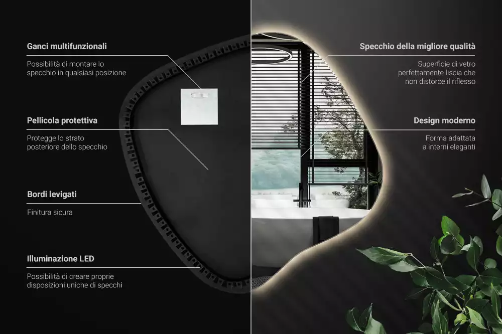 Lustro w kształcie plamy z unikatowym podświetleniem LED