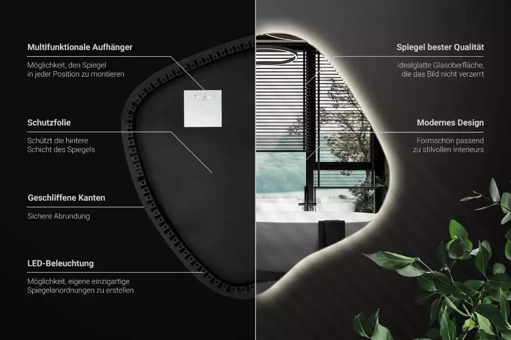 Lustro w kształcie plamy z unikatowym podświetleniem LED