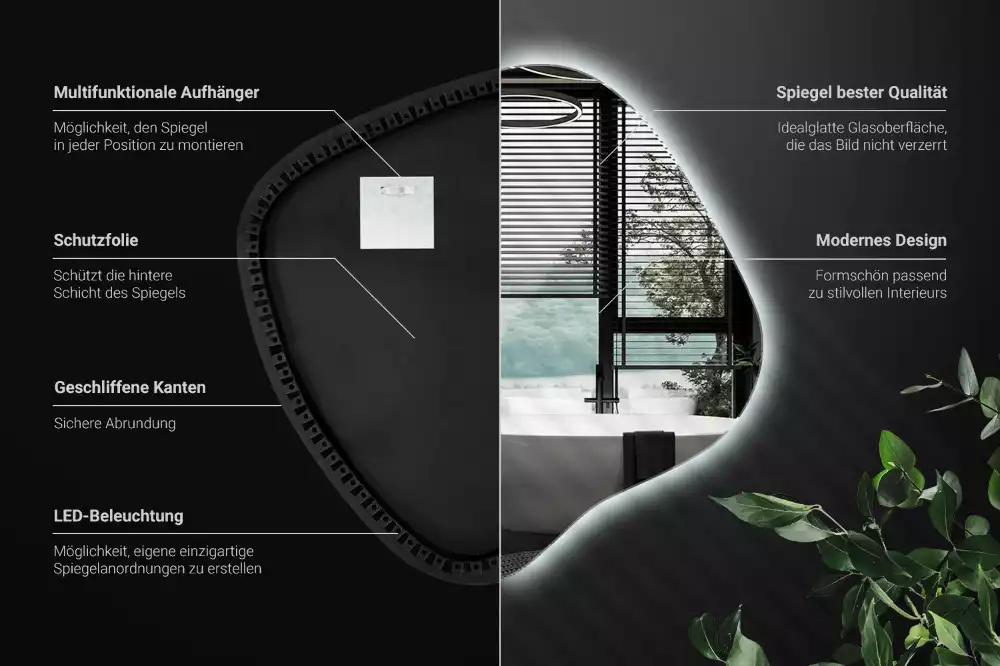 Lustro w kształcie plamy z unikatowym podświetleniem LED