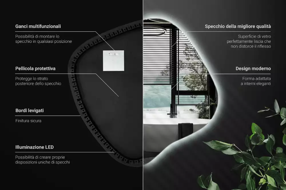 Lustro w kształcie plamy z unikatowym podświetleniem LED