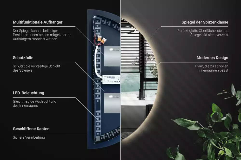 Lustro w kształcie połowy koła z podświetleniem LED jako stylowy dodatek