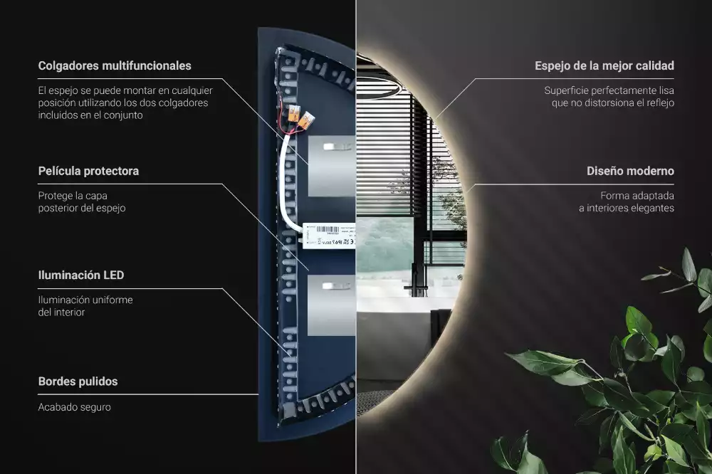 Lustro w kształcie połowy koła z podświetleniem LED jako stylowy dodatek