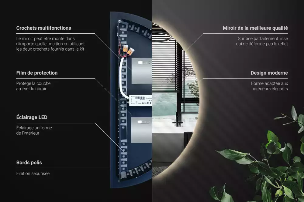 Lustro w kształcie połowy koła z podświetleniem LED jako stylowy dodatek