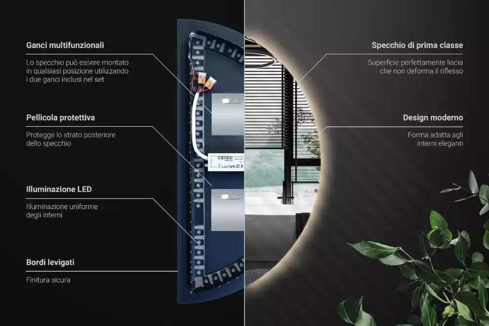Lustro w kształcie połowy koła z podświetleniem LED jako stylowy dodatek