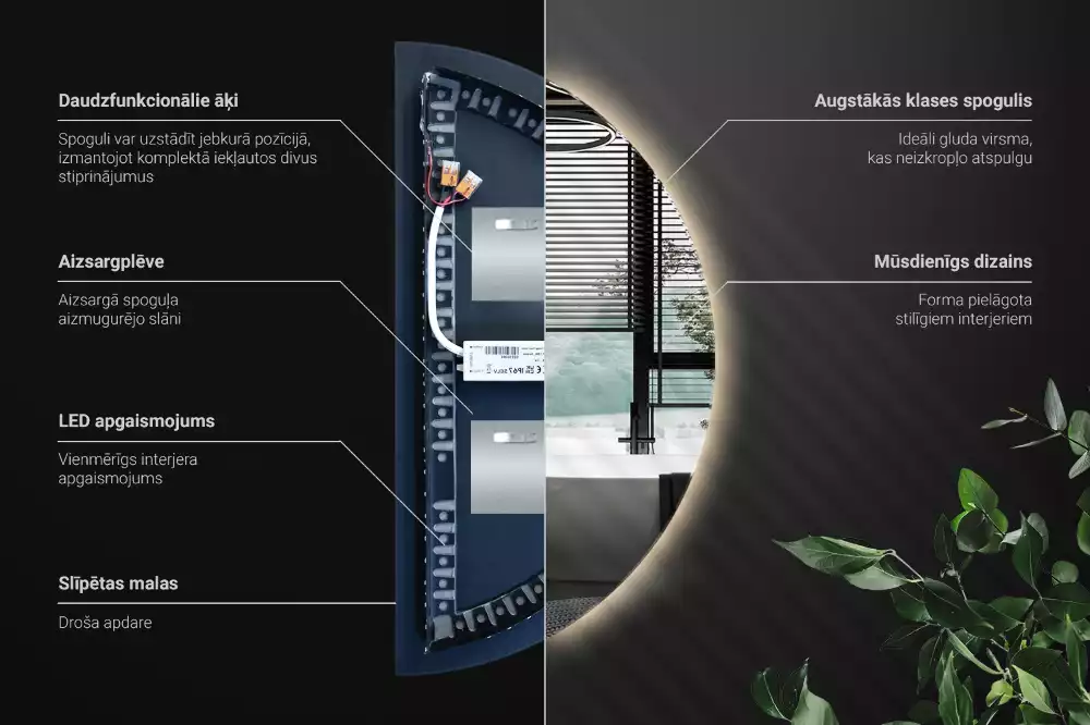 Lustro w kształcie połowy koła z podświetleniem LED jako stylowy dodatek