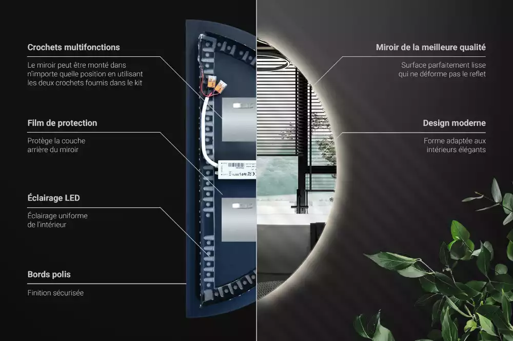 Lustro w kształcie połowy koła z podświetleniem LED jako stylowy dodatek