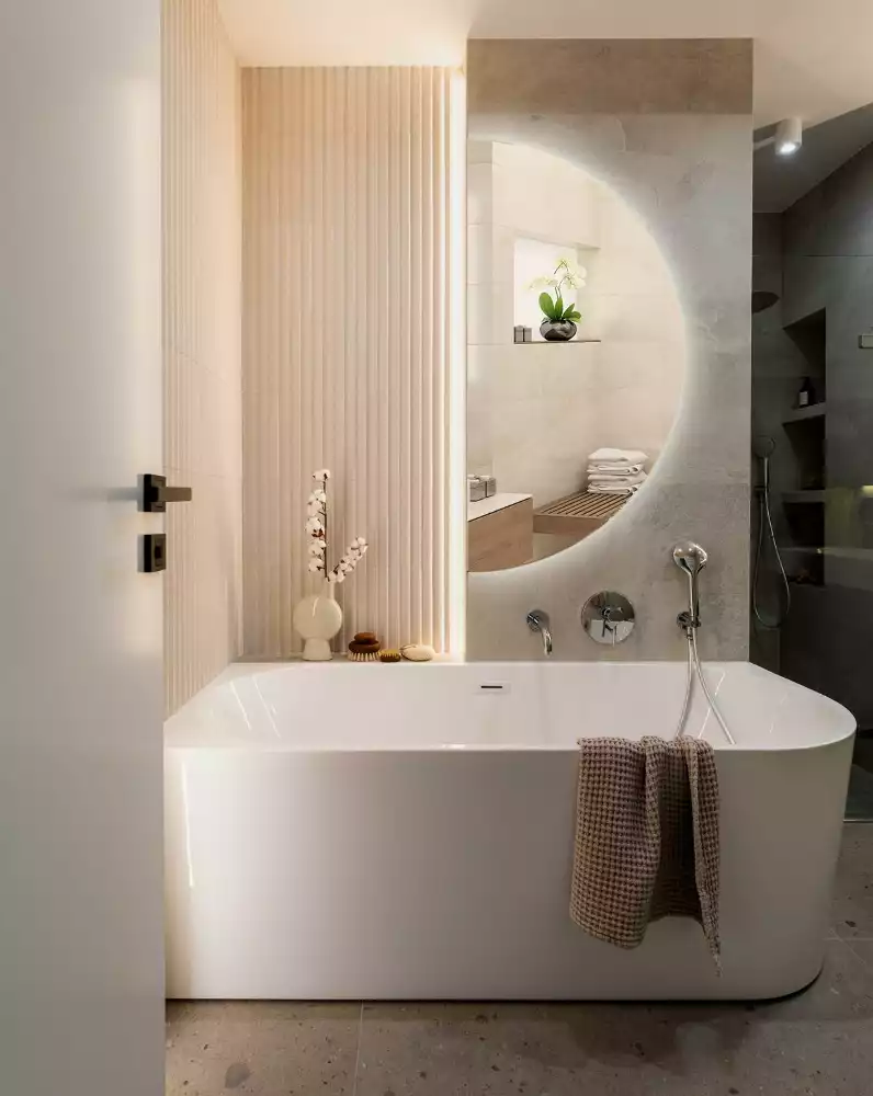 Lustro w kształcie połowy koła z podświetleniem LED jako stylowy dodatek