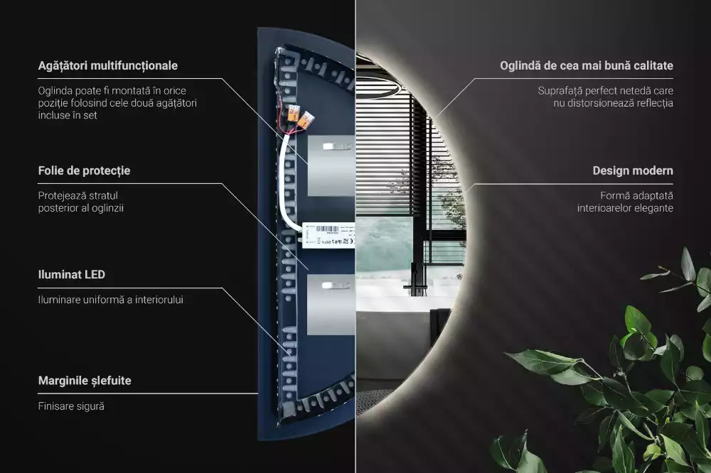 Lustro w kształcie połowy koła z podświetleniem LED jako stylowy dodatek