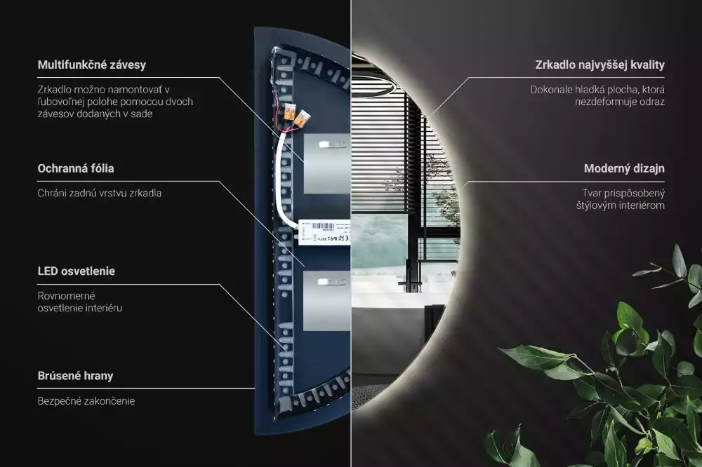 Lustro w kształcie połowy koła z podświetleniem LED jako stylowy dodatek