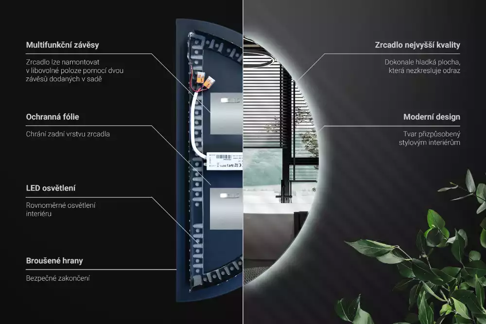 Lustro w kształcie połowy koła z podświetleniem LED jako stylowy dodatek