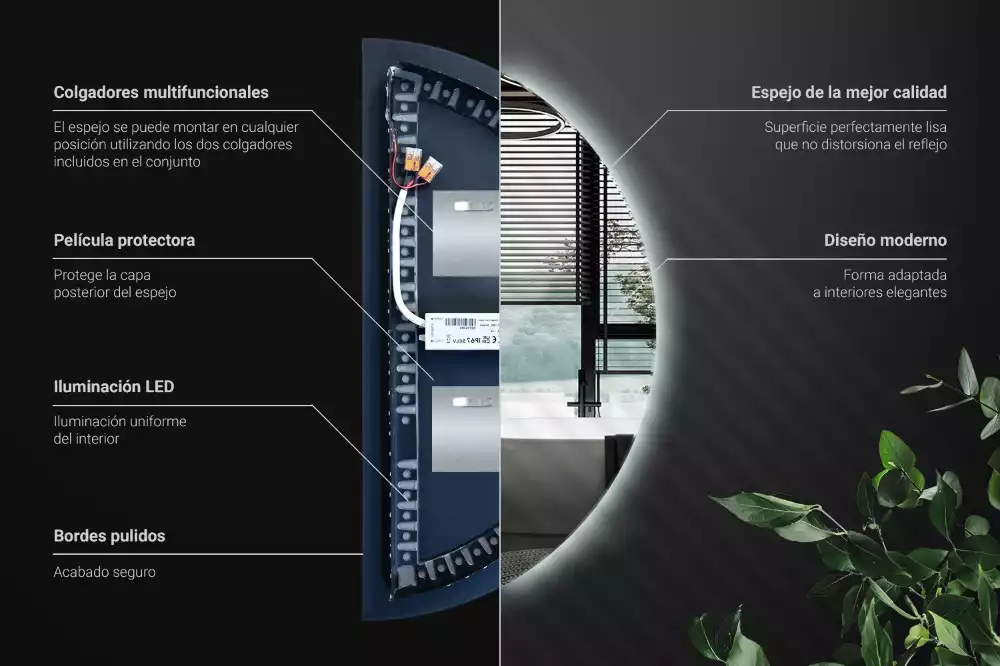 Lustro w kształcie połowy koła z podświetleniem LED jako stylowy dodatek