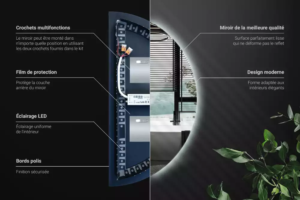 Lustro w kształcie połowy koła z podświetleniem LED jako stylowy dodatek