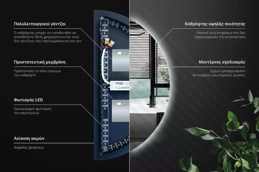 Lustro w kształcie połowy koła z podświetleniem LED jako stylowy dodatek