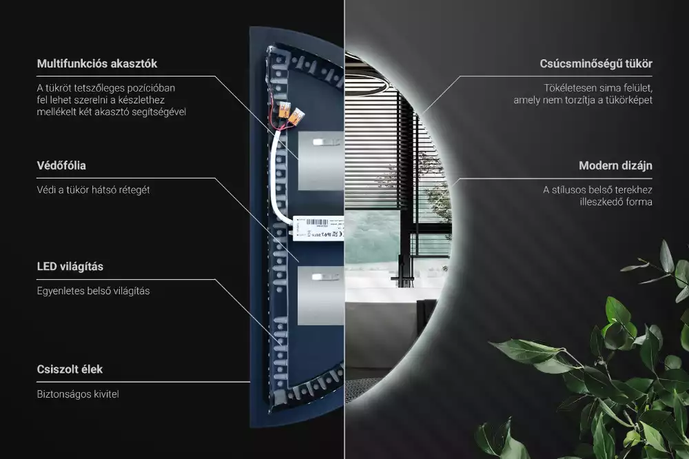 Lustro w kształcie połowy koła z podświetleniem LED jako stylowy dodatek