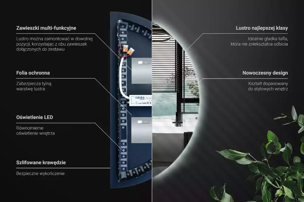 Lustro w kształcie połowy koła z podświetleniem LED jako stylowy dodatek
