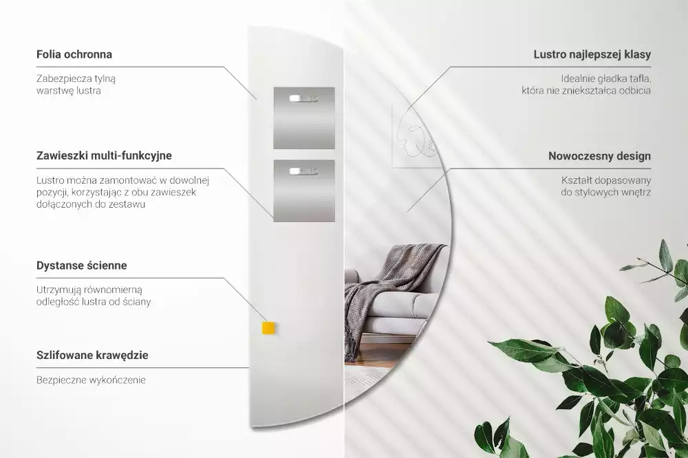 Lustro półokrągłe wiszące bez ramy