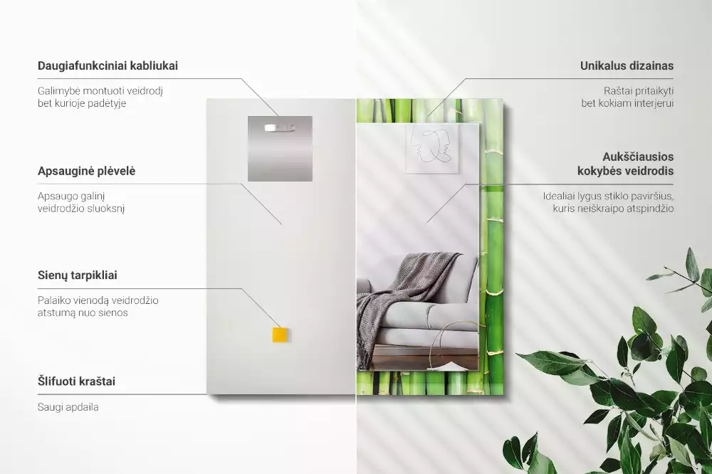 Lustro dekoracyjne z nadrukiem z motywem zielonych łodyg bambusa