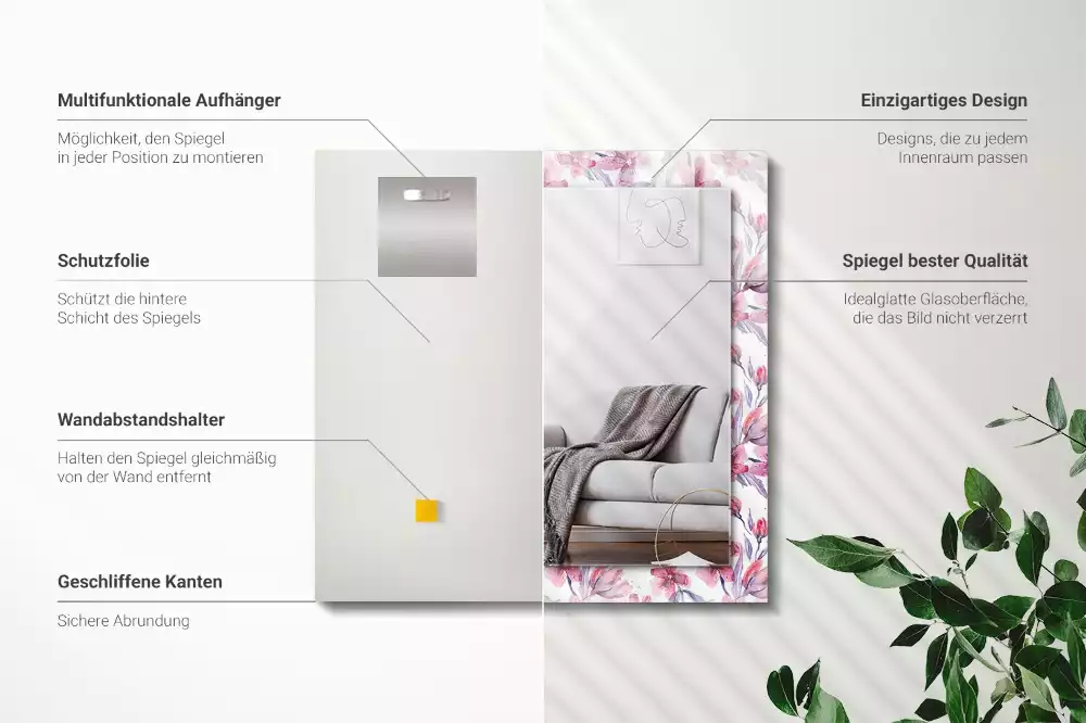 Lustro dekoracyjne prostokątne z motywem kwiatów w technice akwareli